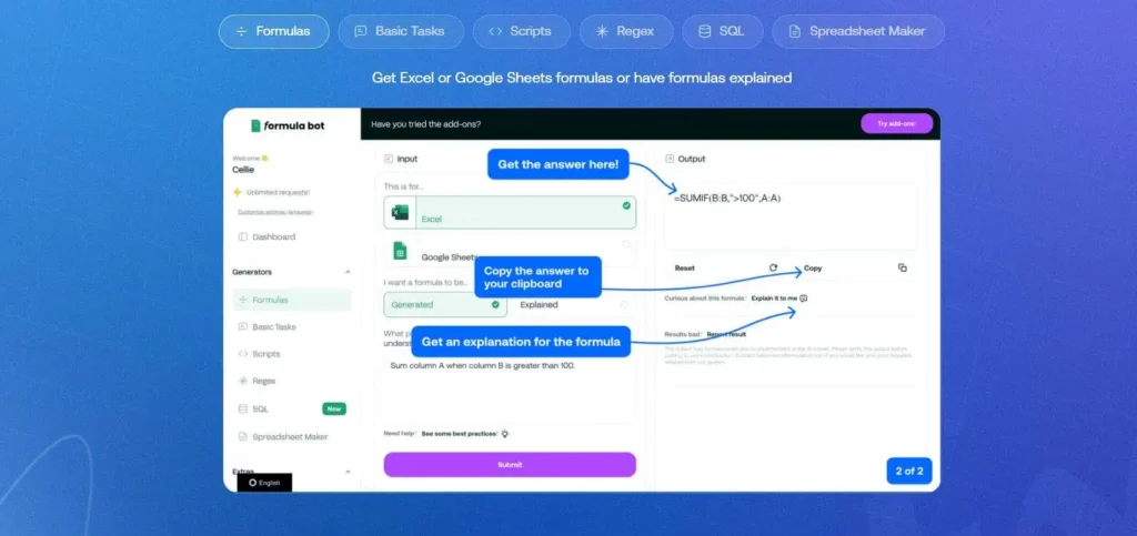 Formula Bot Interface converting text to Excel formula