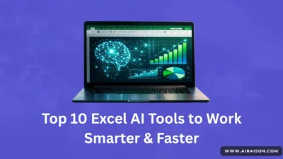 Airaison.com featured image for Top 10 Excel AI tools guide showing digital brain and data charts.
