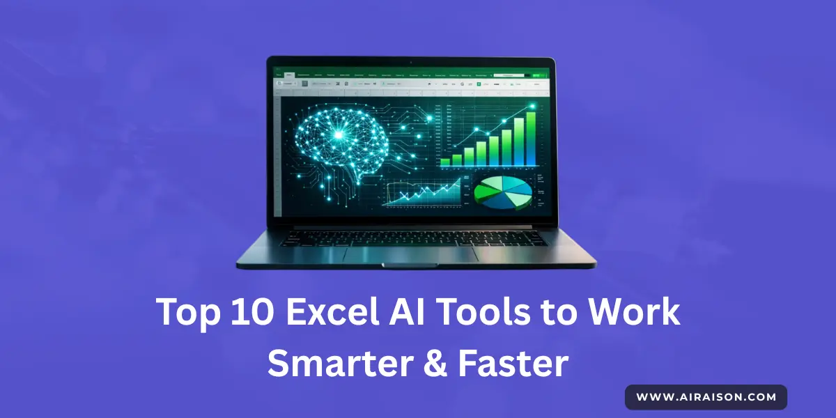 Airaison.com featured image for Top 10 Excel AI tools guide showing digital brain and data charts.